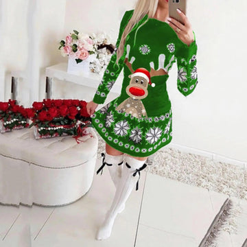 Phoebe | Reindeer Print Long Sleeve Christmas Sweater Mini Dress for Party