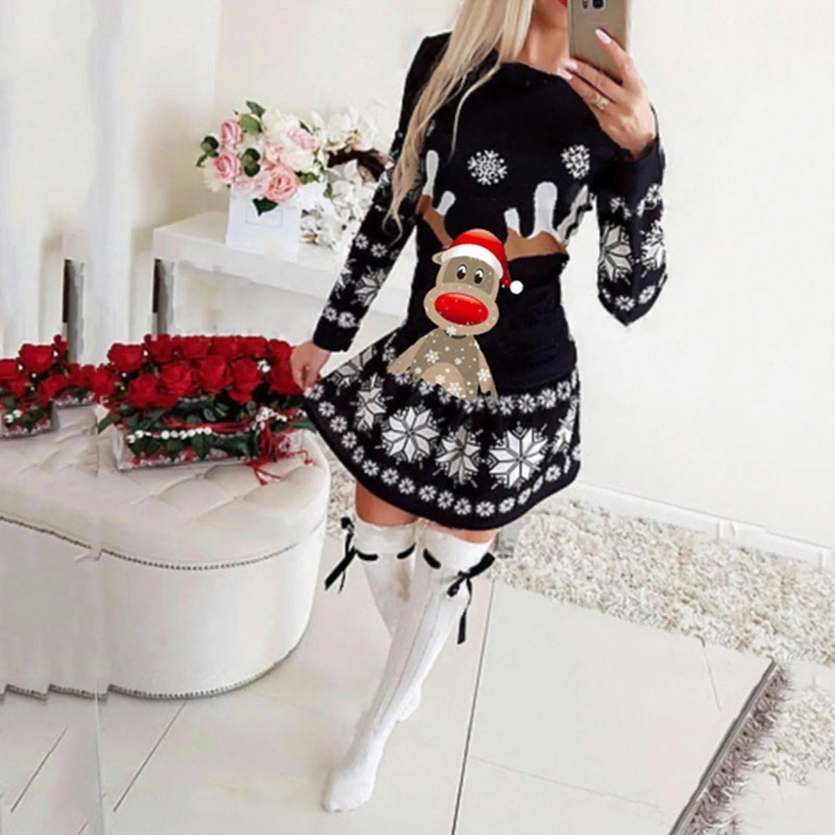 Phoebe | Reindeer Print Long Sleeve Christmas Sweater Mini Dress for Party