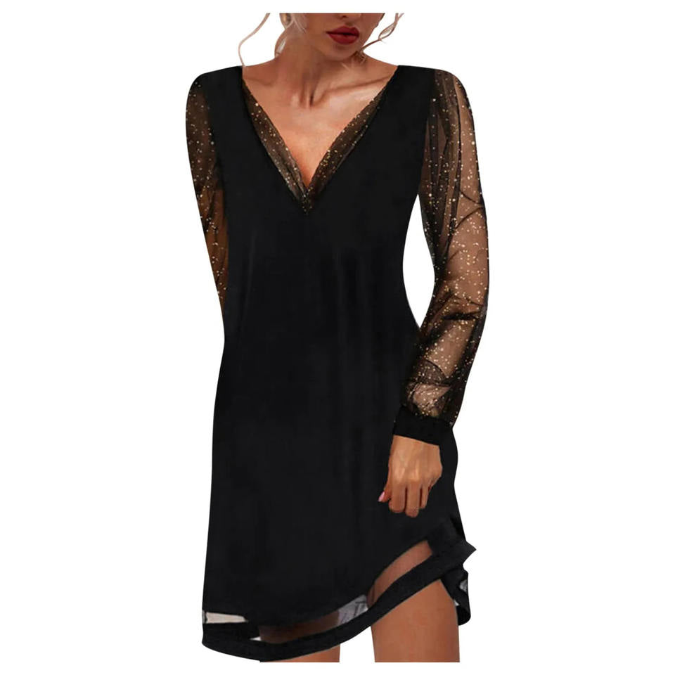Women’s Dress Sheer Sleeve Embellished Neckline Mini Shift