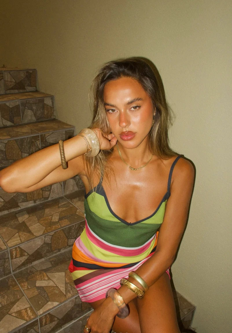 Cassidy | Striped V Neck Spaghetti Strap Knit Mini Dress