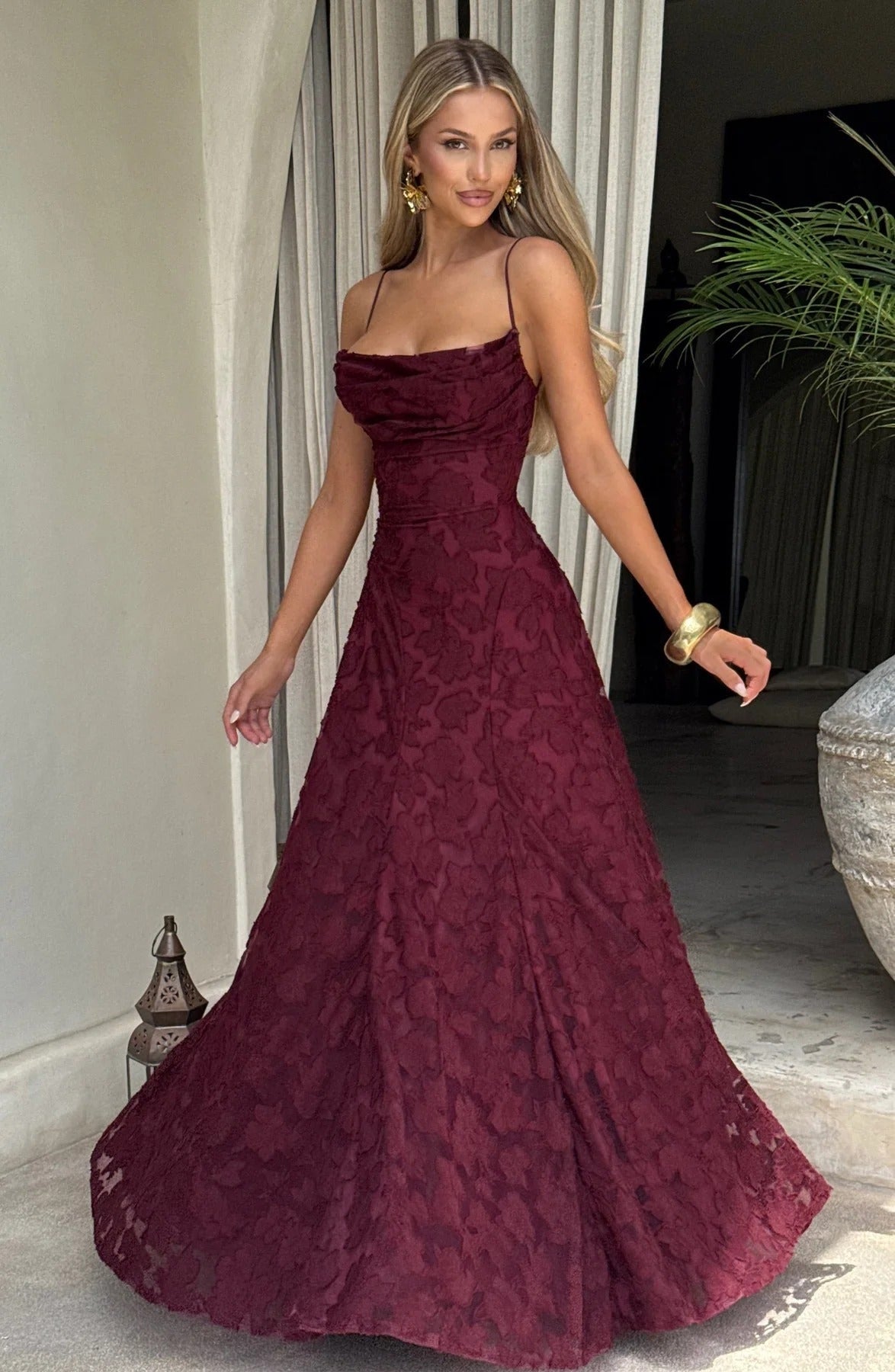 Colette | Floral Lace Cowl Neck A Line Maxi Dress