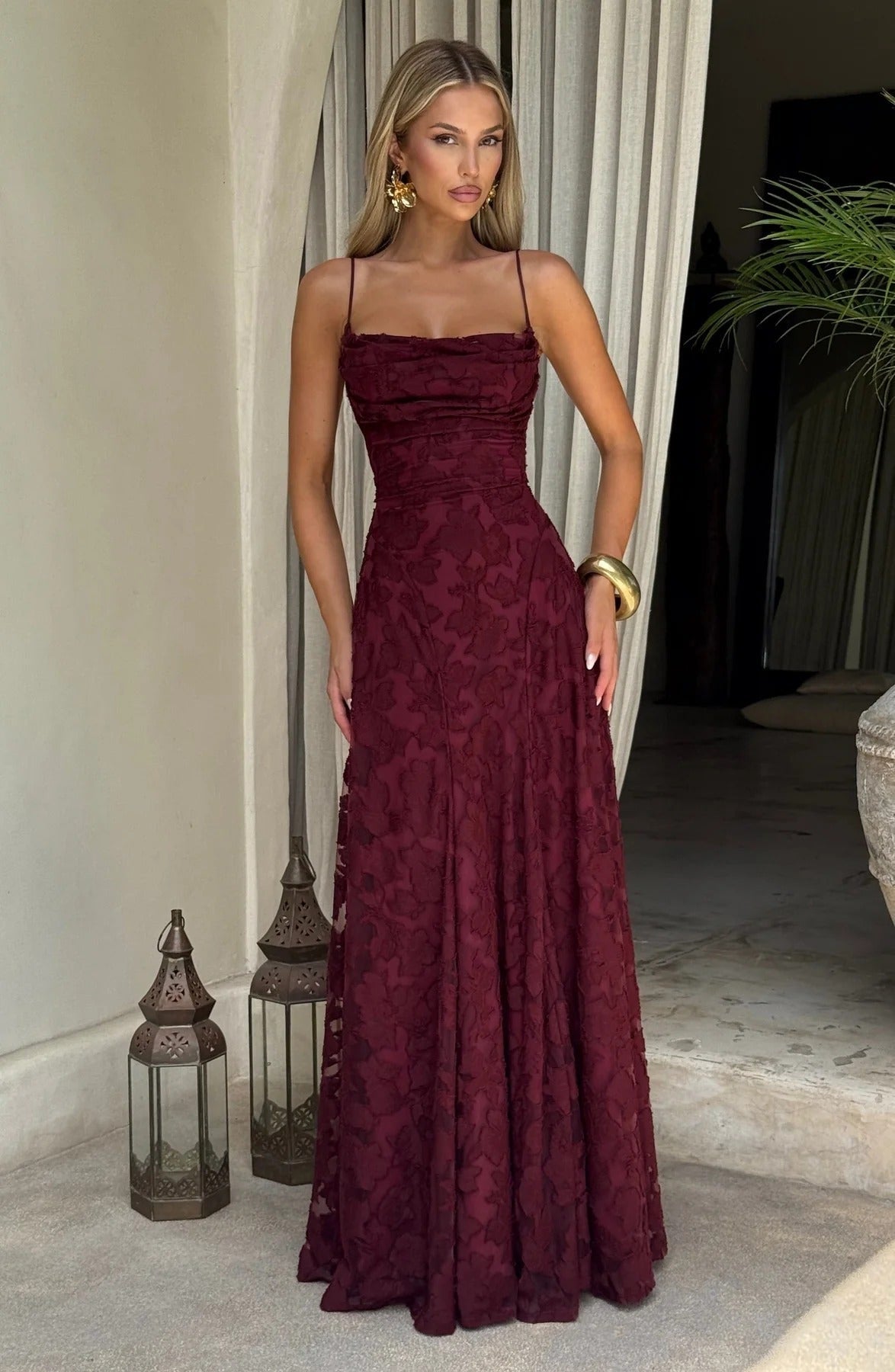 Colette | Floral Lace Cowl Neck A Line Maxi Dress