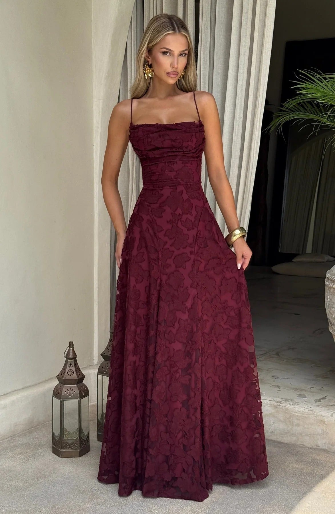 Colette | Floral Lace Cowl Neck A Line Maxi Dress