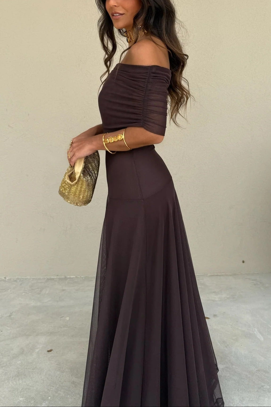 Bianca | One Shoulder Mesh Maxi Dress Draped Elegant