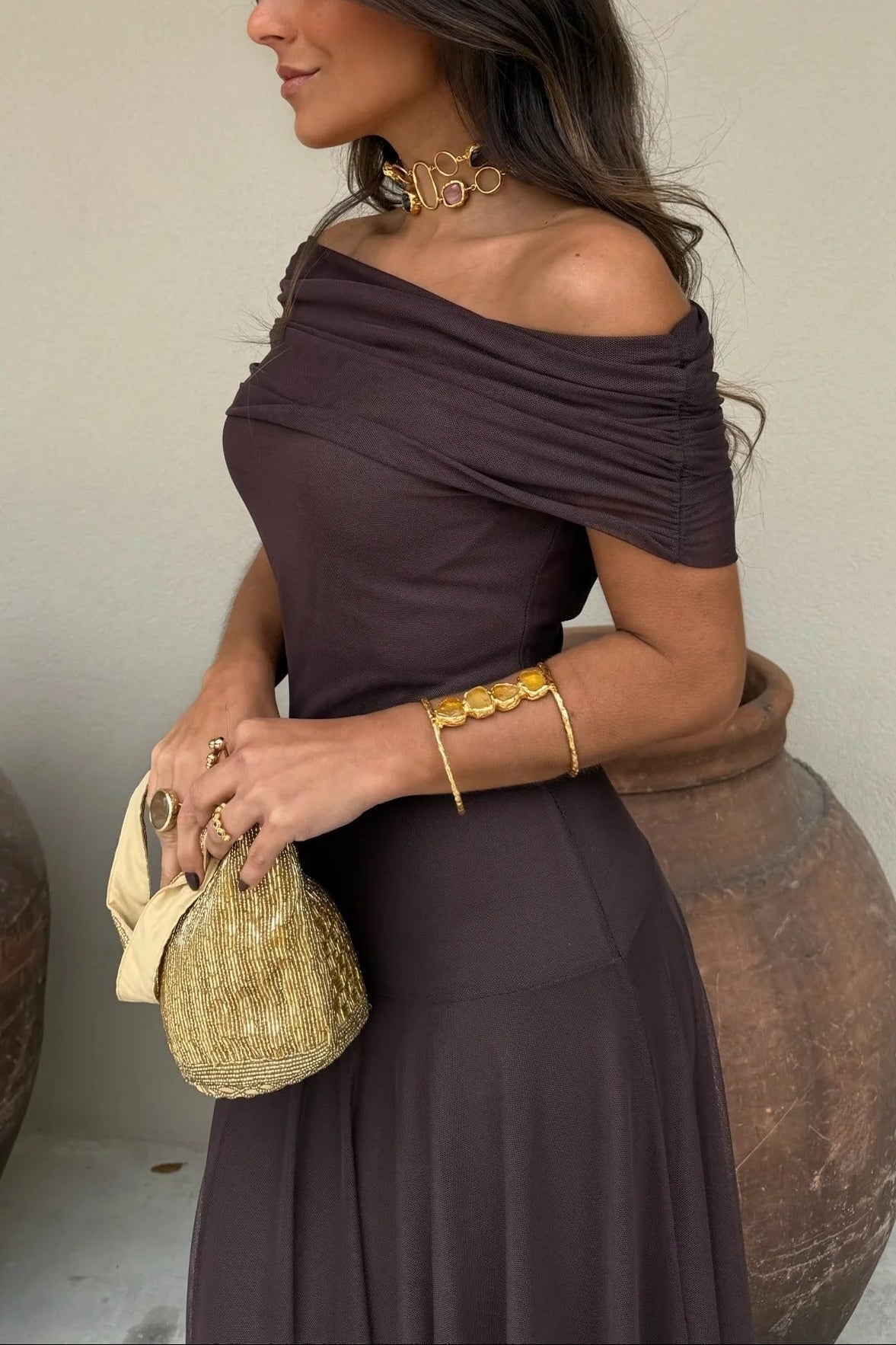 Bianca | One Shoulder Mesh Maxi Dress Draped Elegant