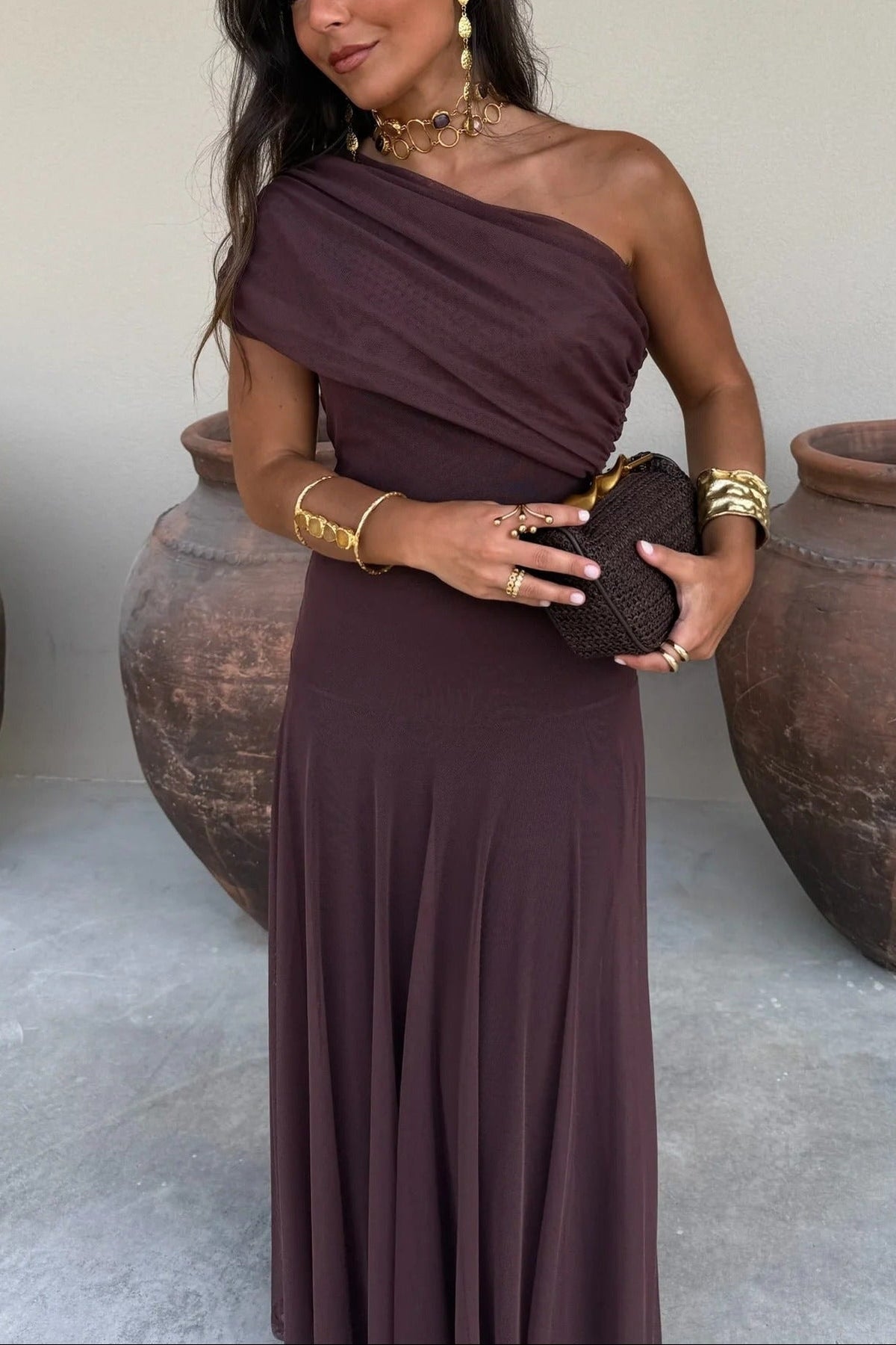Bianca | One Shoulder Mesh Maxi Dress Draped Elegant