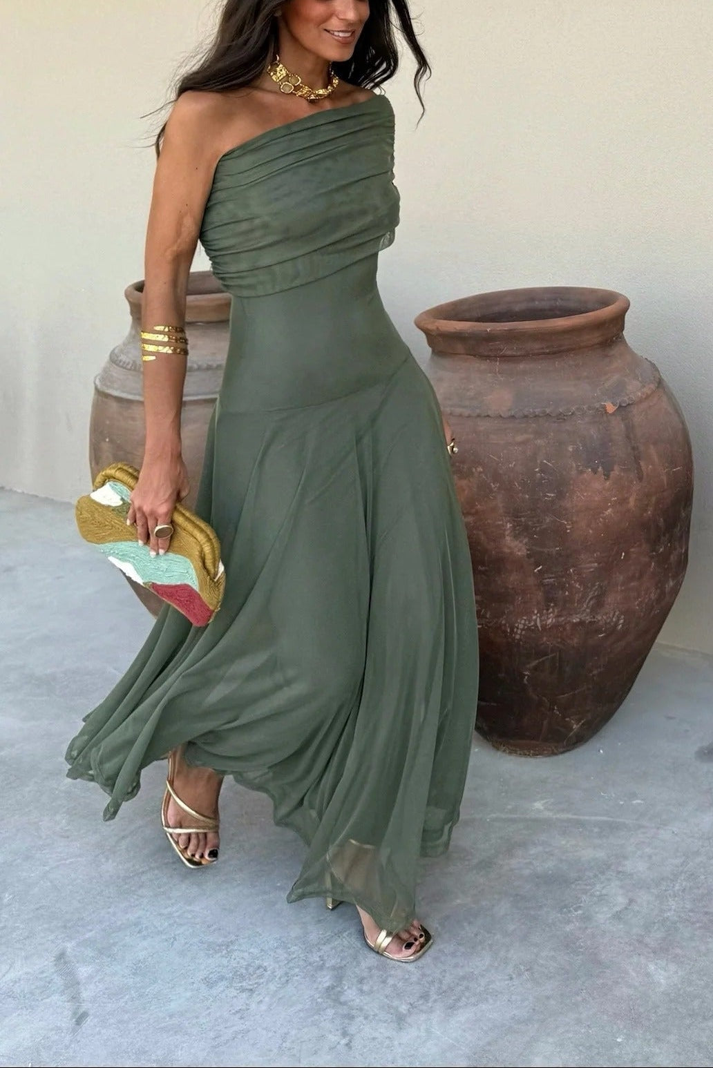 Bianca | One Shoulder Mesh Maxi Dress Draped Elegant