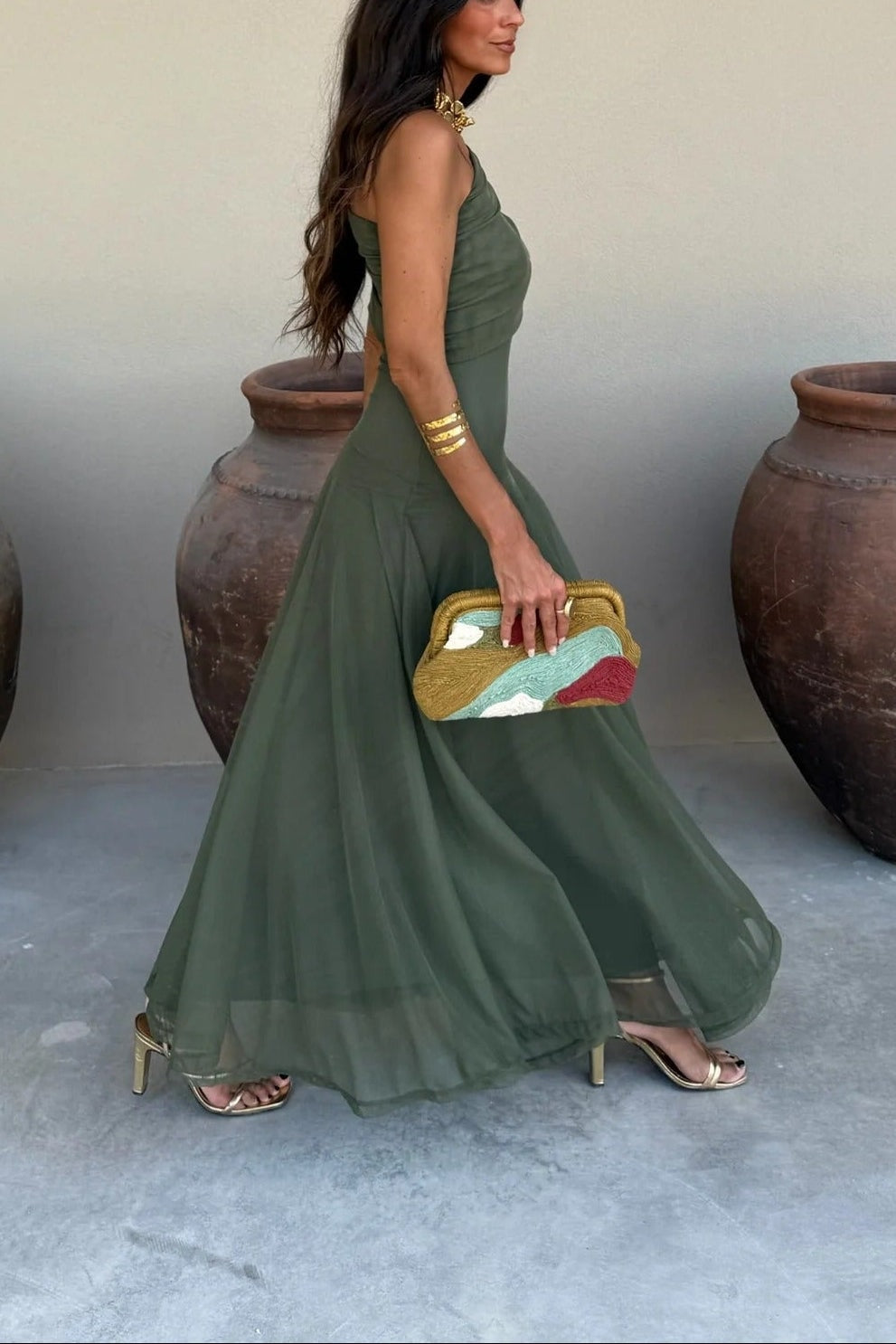 Bianca | One Shoulder Mesh Maxi Dress Draped Elegant