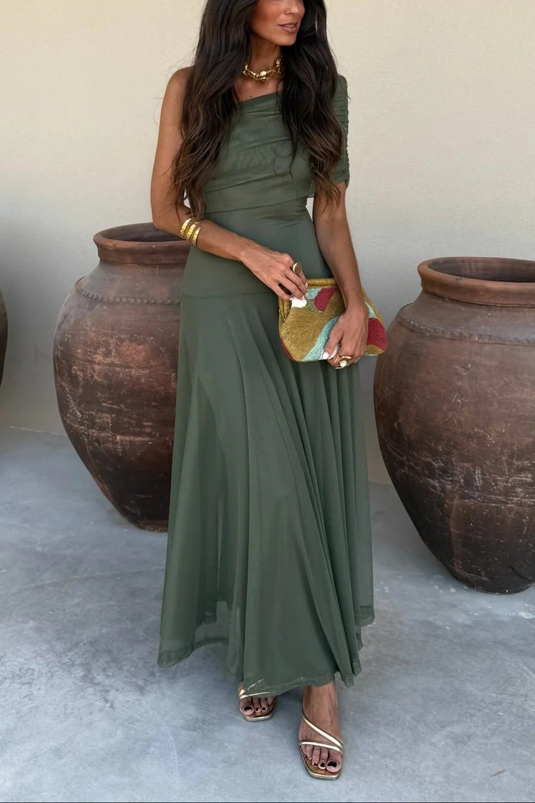Bianca | One Shoulder Mesh Maxi Dress Draped Elegant