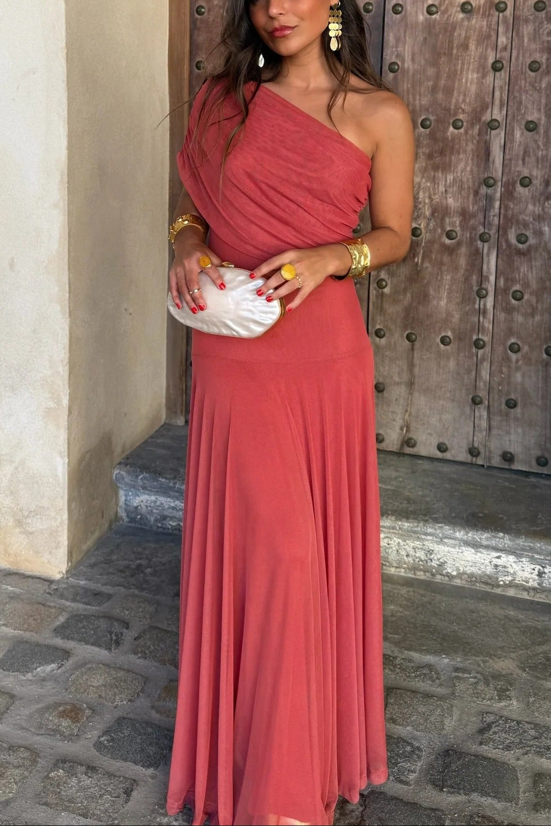 Bianca | One Shoulder Mesh Maxi Dress Draped Elegant