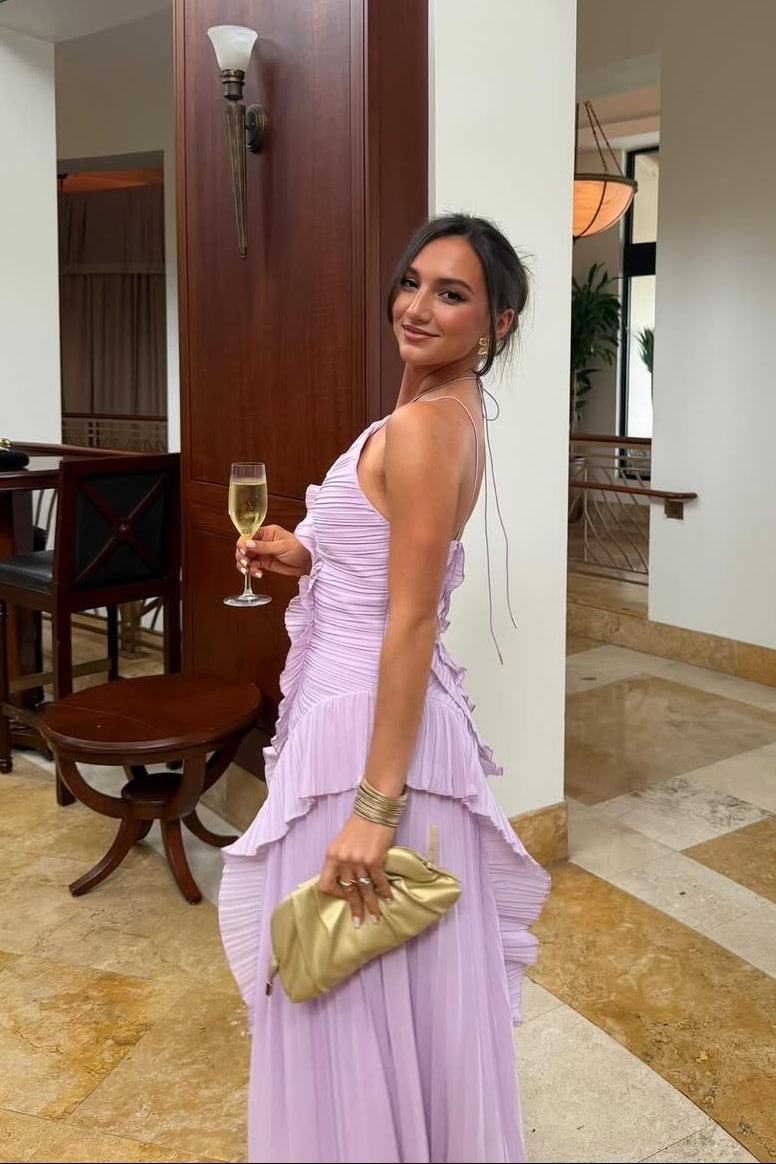 Ayla | Pleated Ruffled One Shoulder Maxi Wedding Guest Dress