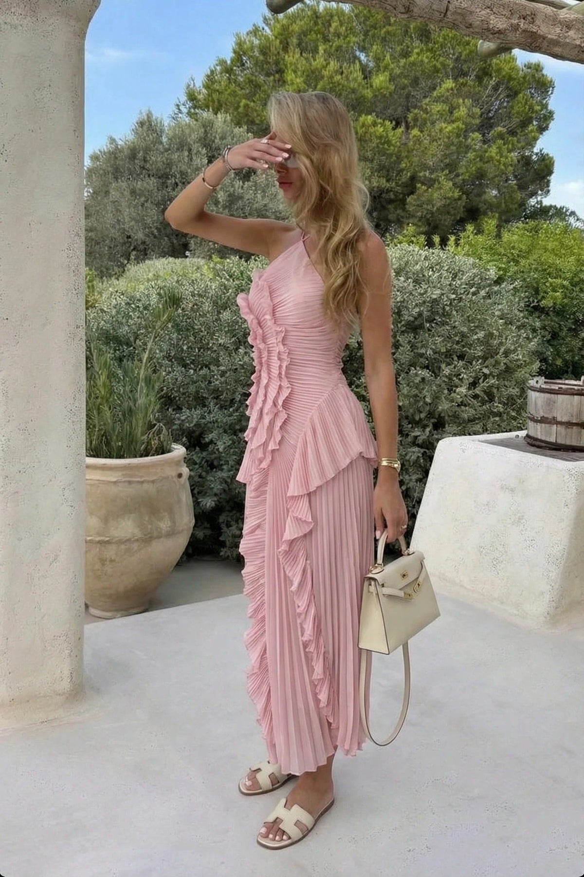 Ayla | Pleated Ruffled One Shoulder Maxi Wedding Guest Dress