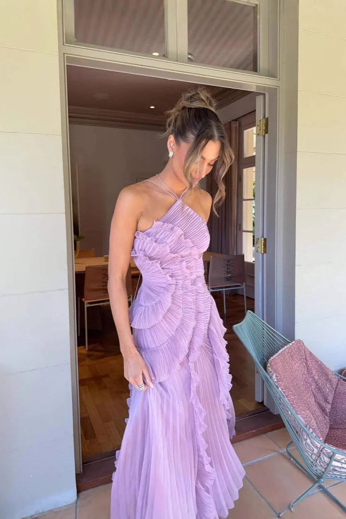 Ayla | Pleated Ruffled One Shoulder Maxi Wedding Guest Dress