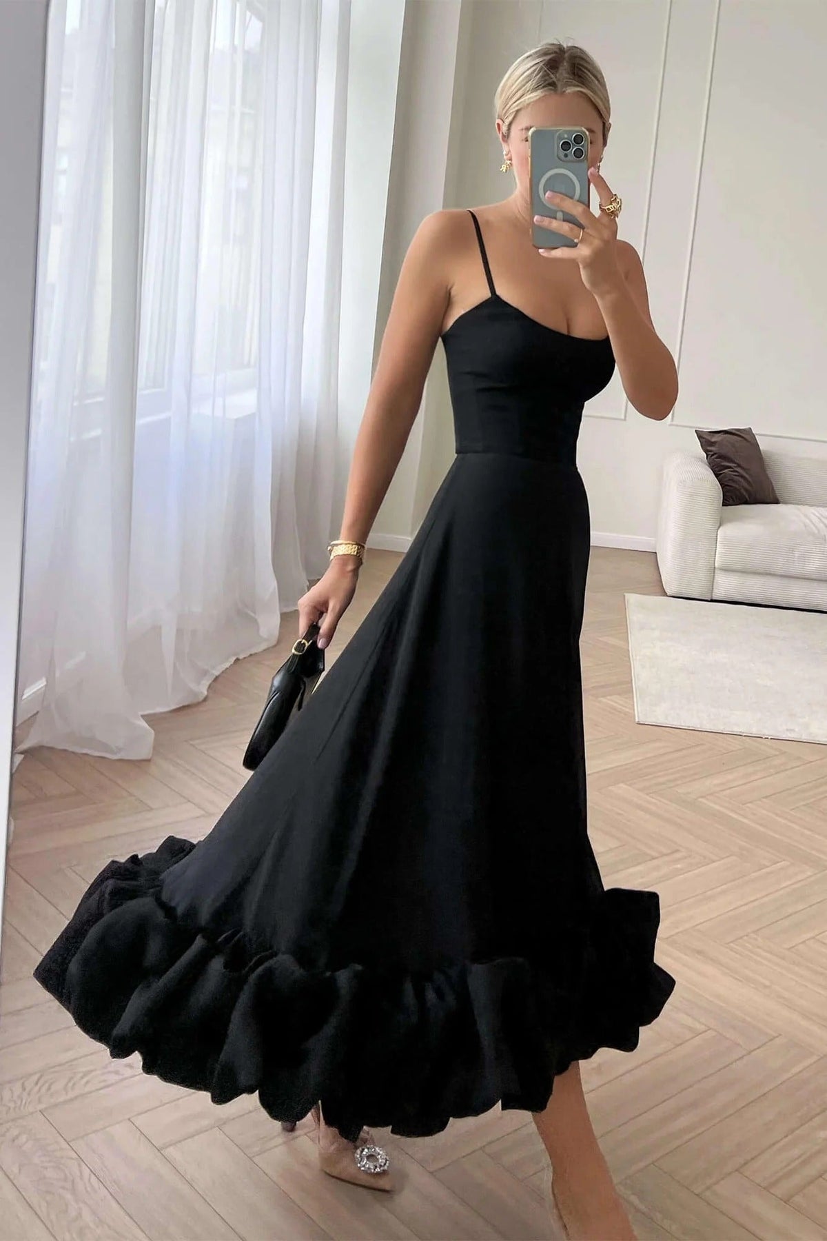 Elena | Women's Ruffle Hem Sleeveless Midi Prom Dress