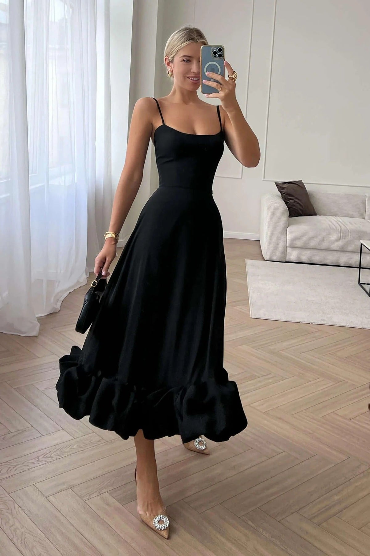 Elena | Women's Ruffle Hem Sleeveless Midi Prom Dress