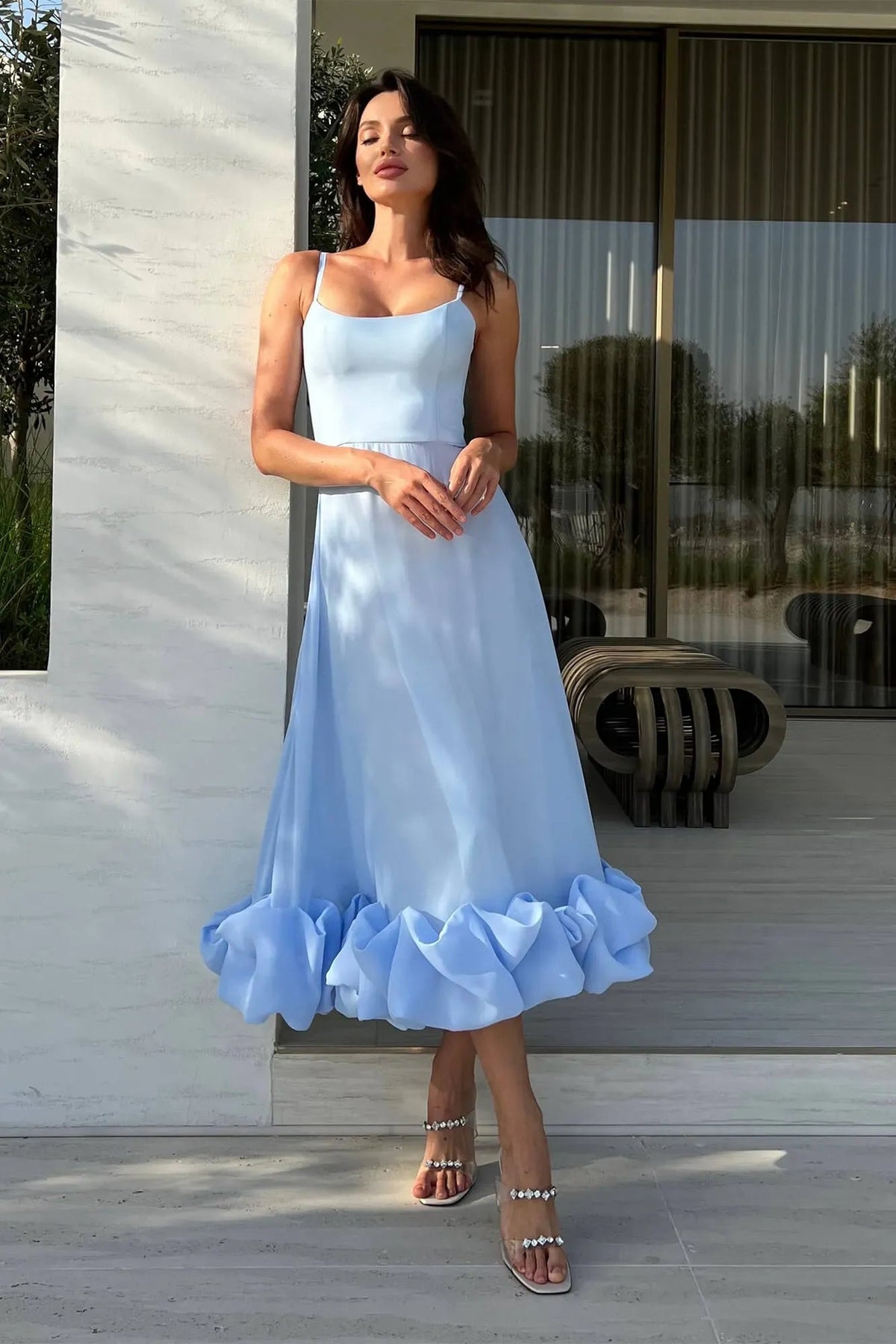 Elena | Women's Ruffle Hem Sleeveless Midi Prom Dress