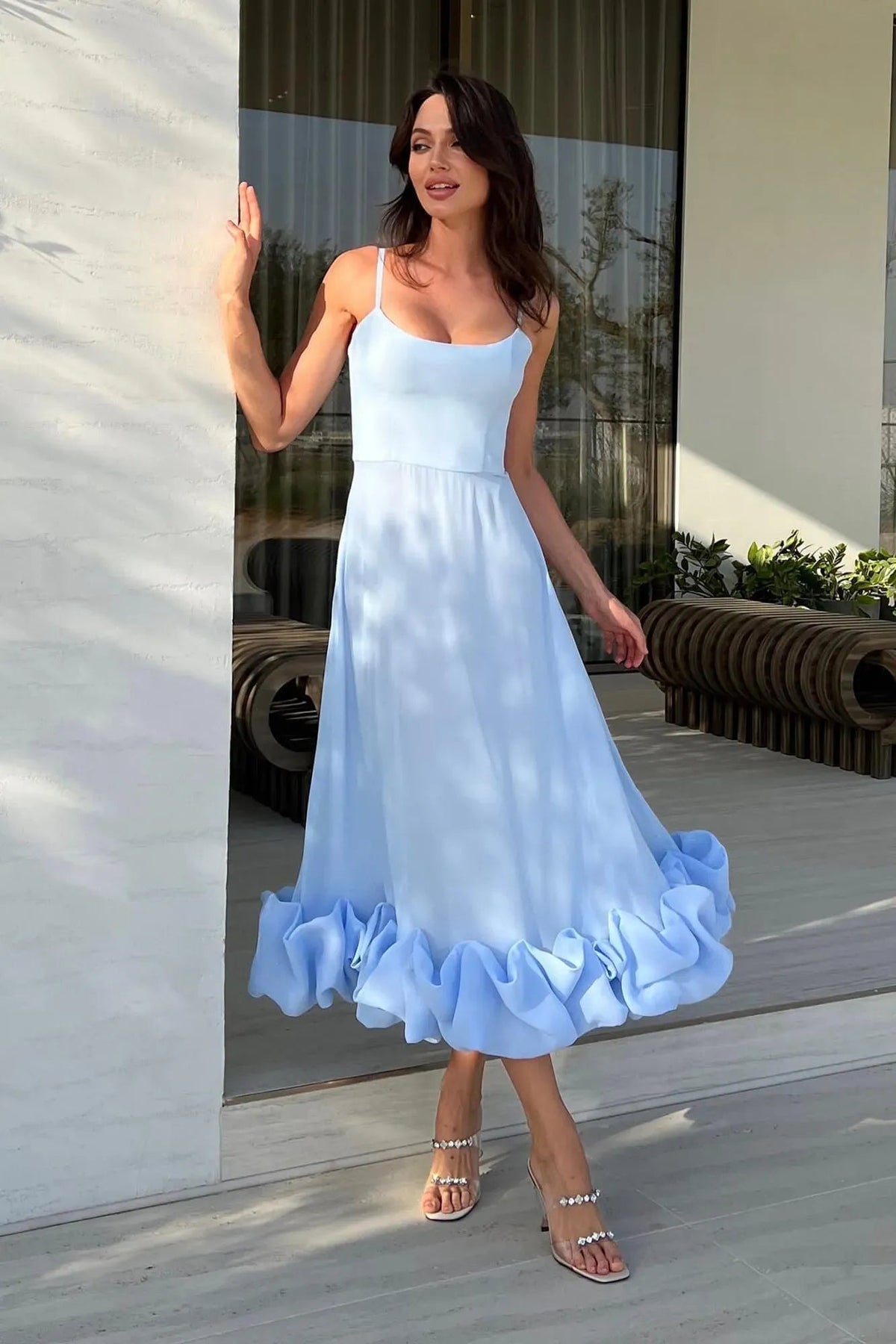Elena | Women's Ruffle Hem Sleeveless Midi Prom Dress