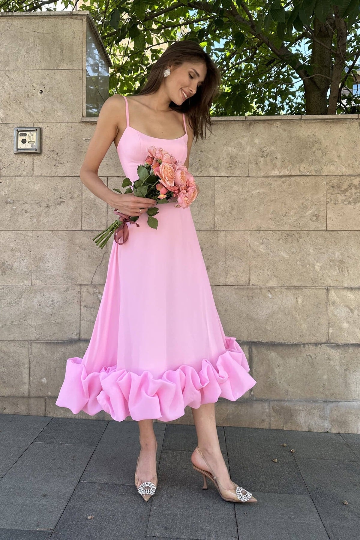 Elena | Women's Ruffle Hem Sleeveless Midi Prom Dress