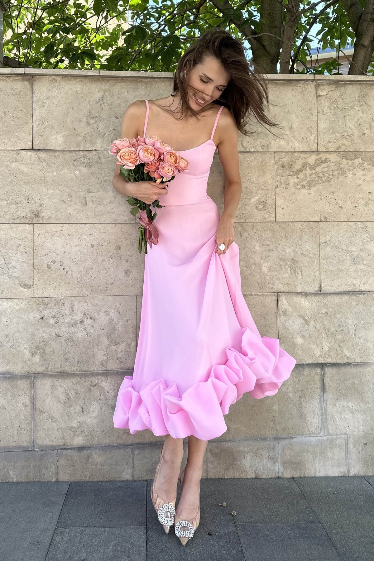 Elena | Women's Ruffle Hem Sleeveless Midi Prom Dress