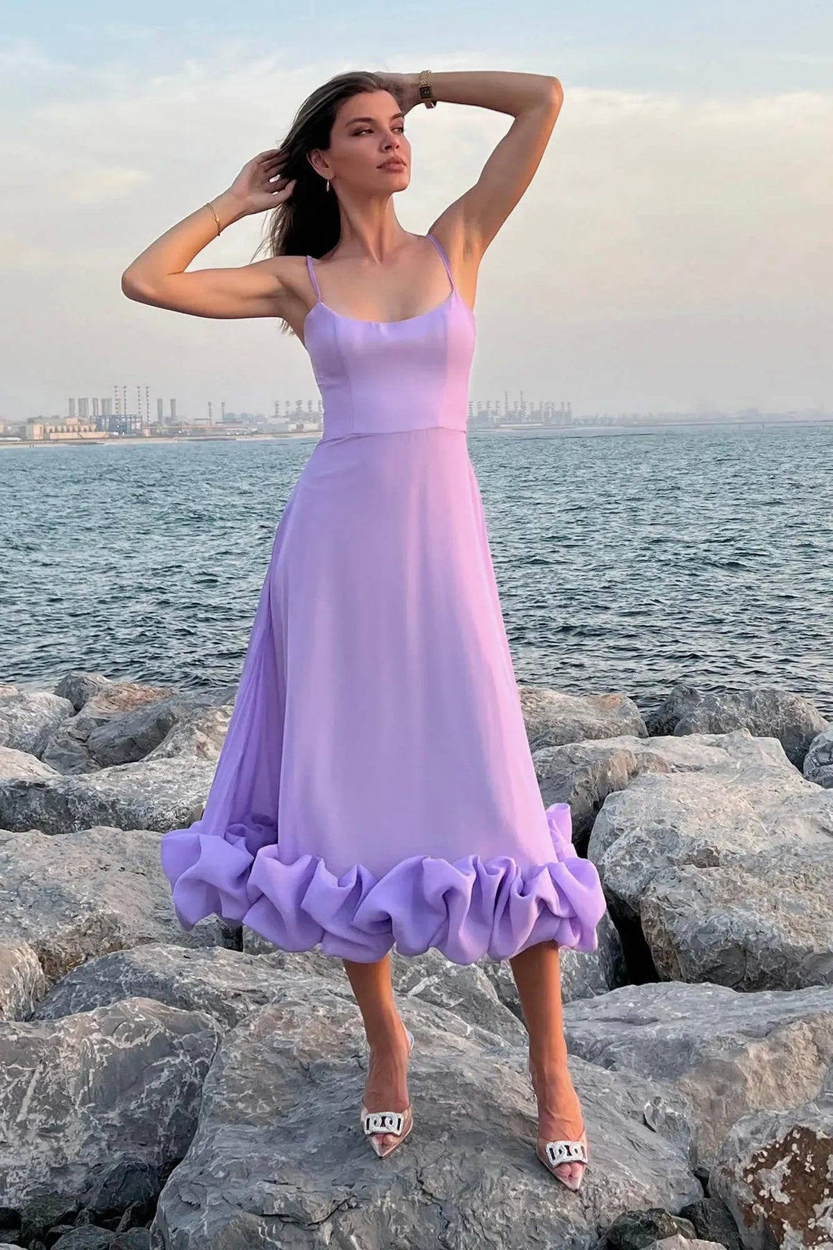 Elena | Women's Ruffle Hem Sleeveless Midi Prom Dress