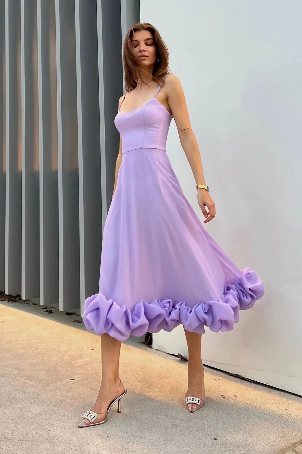 Elena | Women's Ruffle Hem Sleeveless Midi Prom Dress