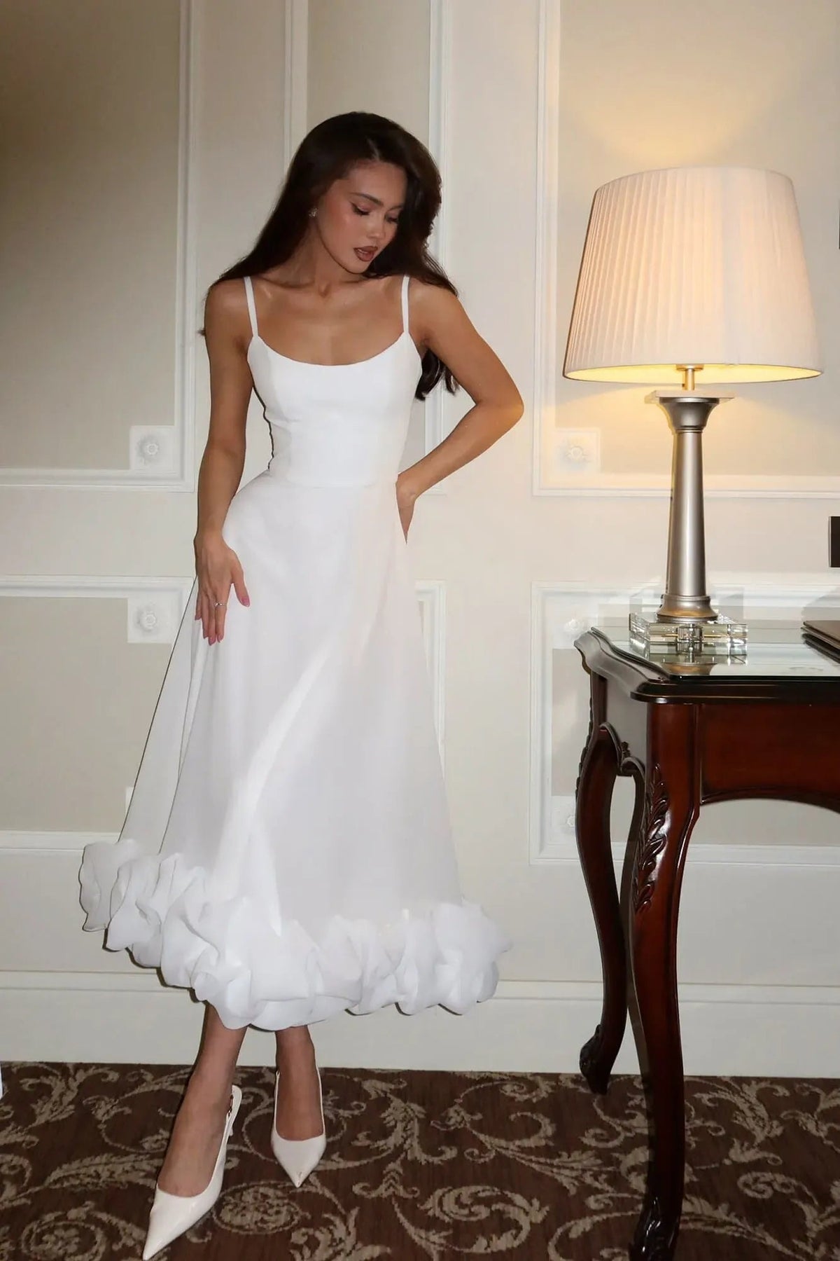 Elena | Women's Ruffle Hem Sleeveless Midi Prom Dress