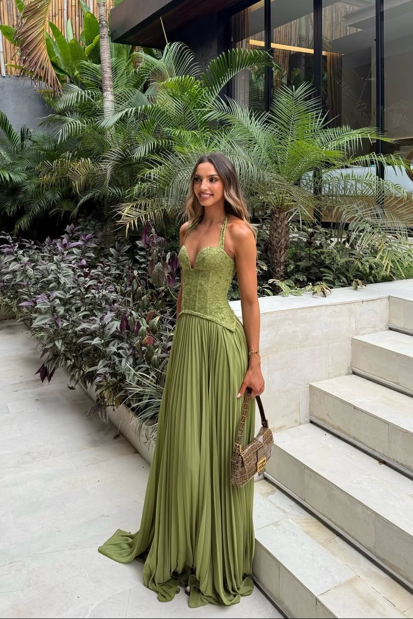 Belle | Lace Corset Pleated Maxi Wedding Guest Dress