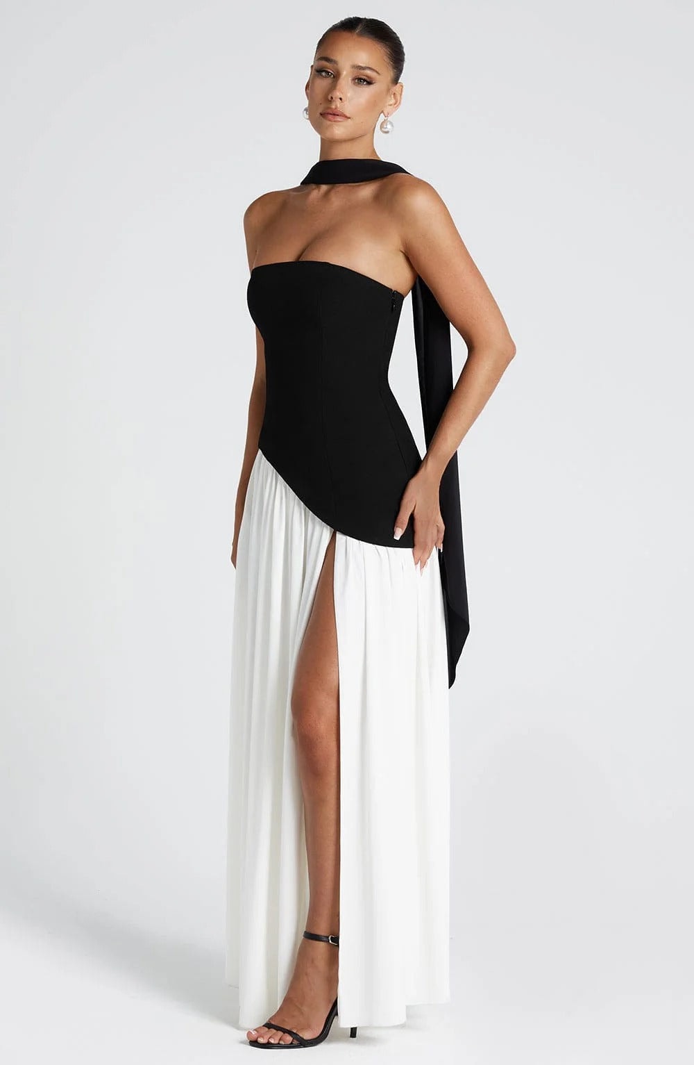 Elara | Strapless Maxi Dress with Scarf Detail and Front Slit