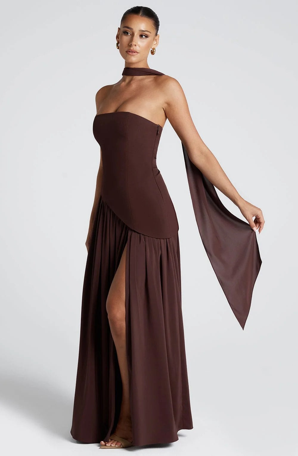 Elodie | Strapless Maxi Dress with Scarf Detail and Thigh Split