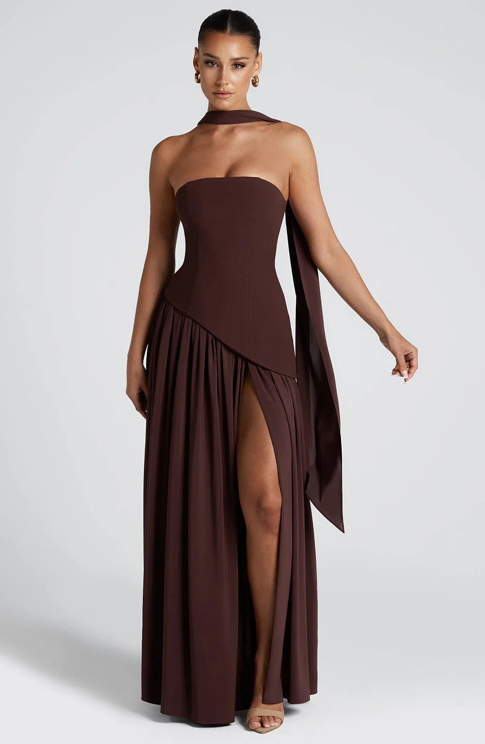 Elodie | Strapless Maxi Dress with Scarf Detail and Thigh Split