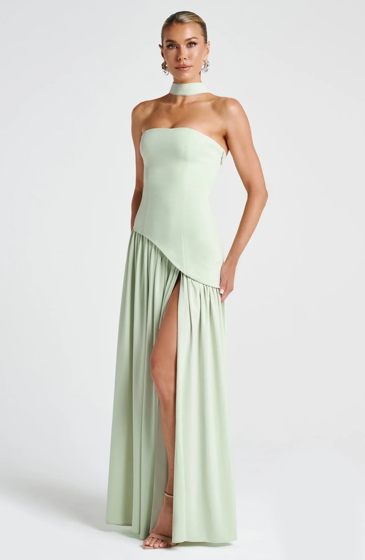 Elara | Strapless Maxi Dress with Scarf Detail and Front Slit