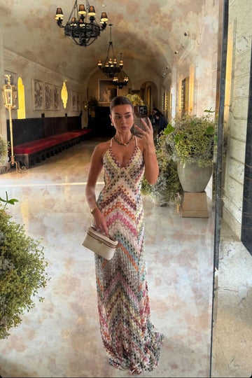 Celeste | Women's Crochet Zigzag V Neck Backless Maxi Dress