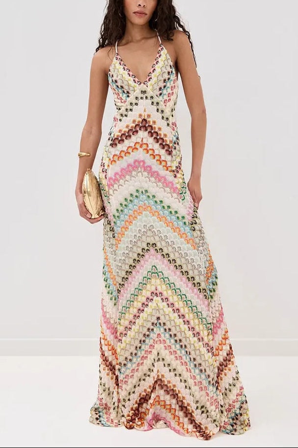 Celeste | Women's Crochet Zigzag V Neck Backless Maxi Dress