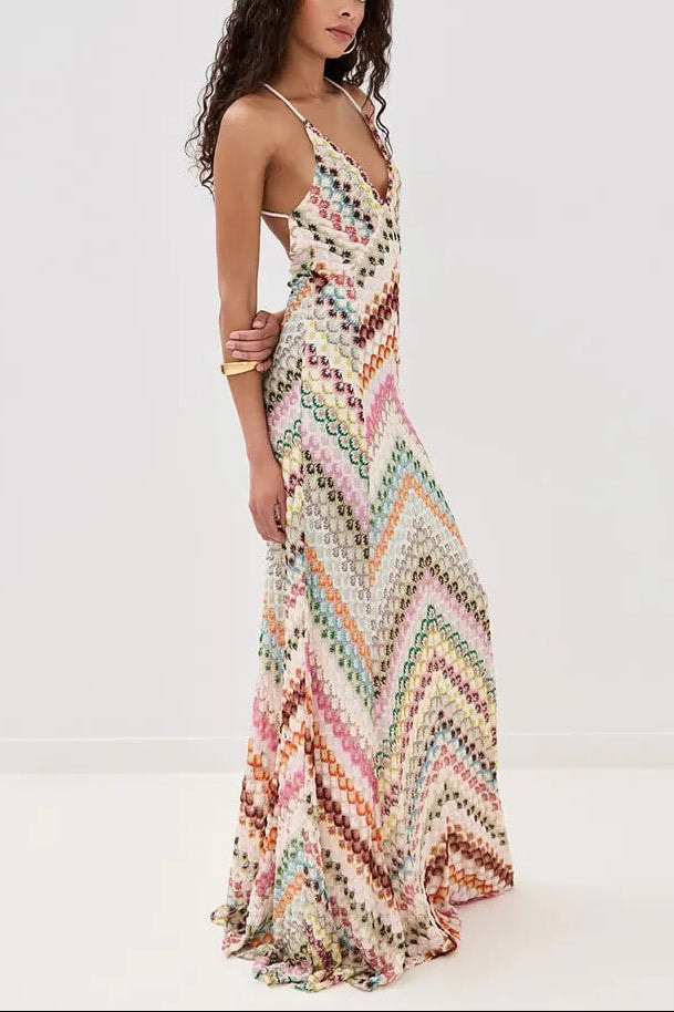 Celeste | Women's Crochet Zigzag V Neck Backless Maxi Dress