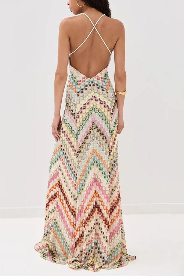 Celeste | Women's Crochet Zigzag V Neck Backless Maxi Dress