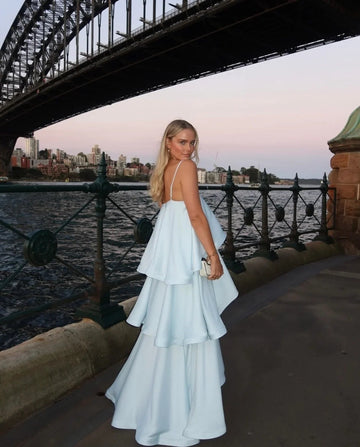 Darcy | Spaghetti Strap Tiered Ruffle Satin Maxi Dress