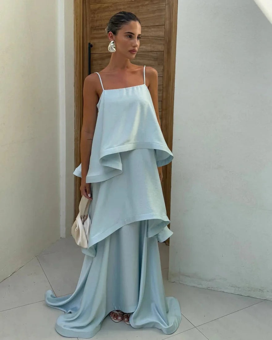 Darcy | Spaghetti Strap Tiered Ruffle Satin Maxi Dress