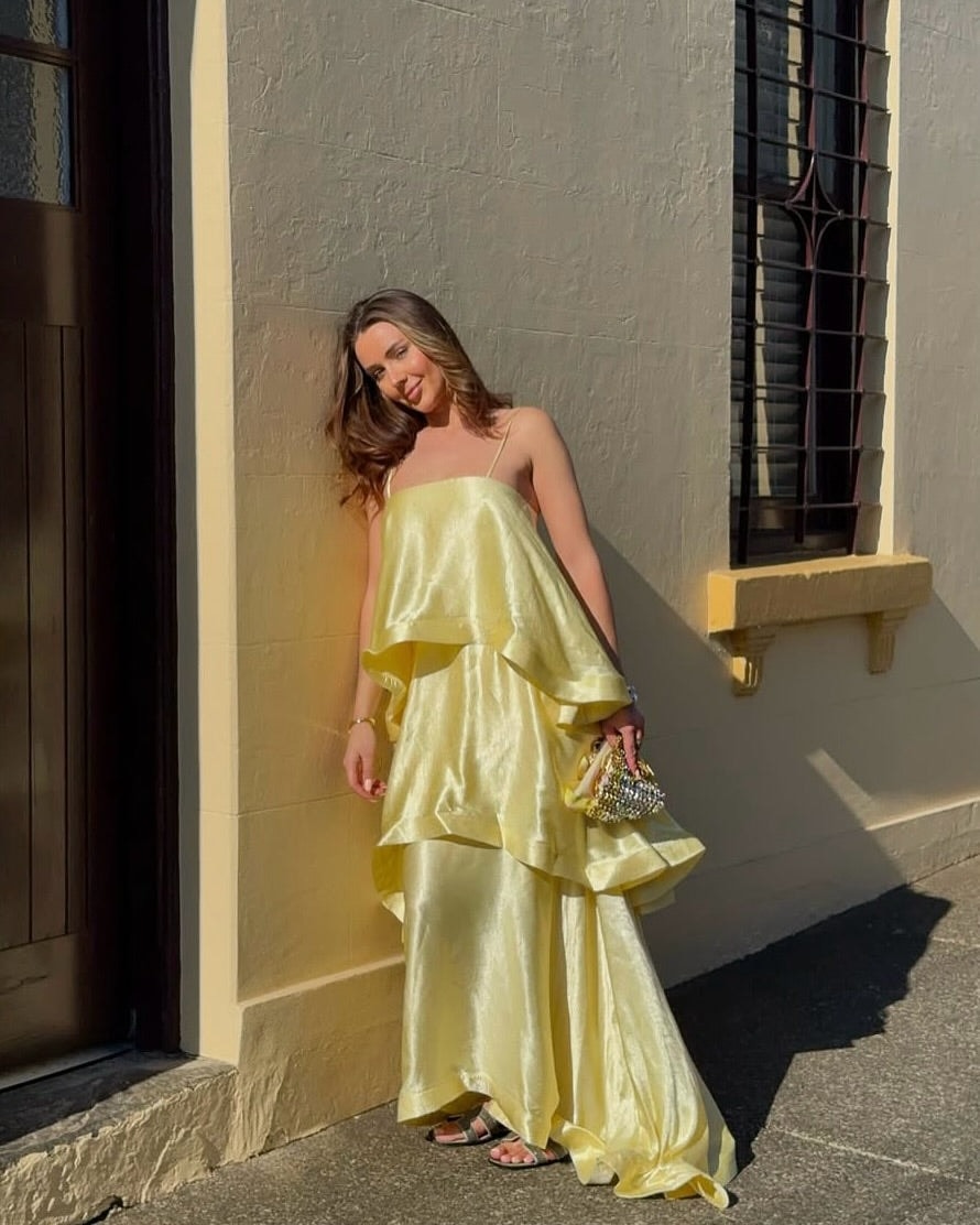 Darcy | Spaghetti Strap Tiered Ruffle Satin Maxi Dress