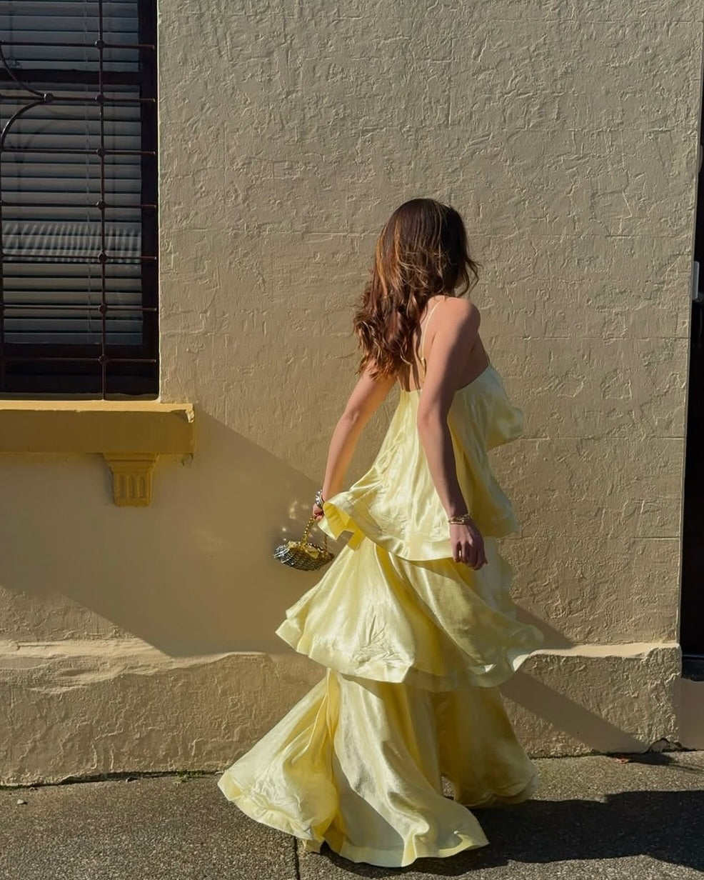 Darcy | Spaghetti Strap Tiered Ruffle Satin Maxi Dress