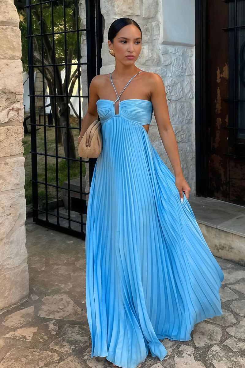 Celine | Halter Pleated Cutout Maxi Prom Dress