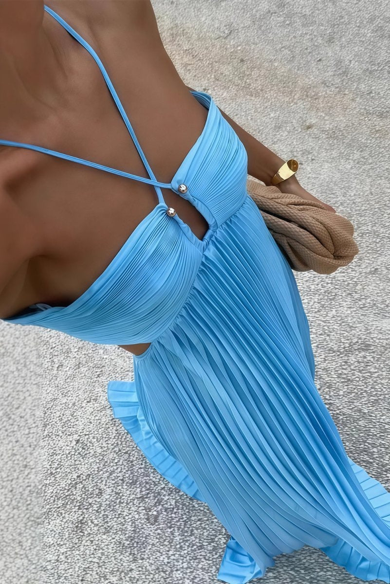 Celine | Halter Pleated Cutout Maxi Prom Dress