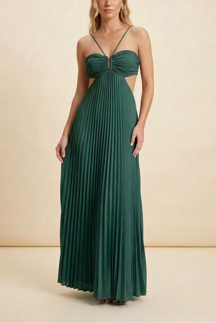 Celine | Halter Pleated Cutout Maxi Prom Dress