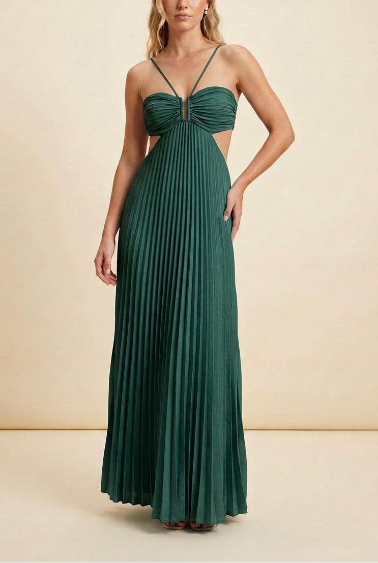 Celine | Halter Pleated Cutout Maxi Prom Dress