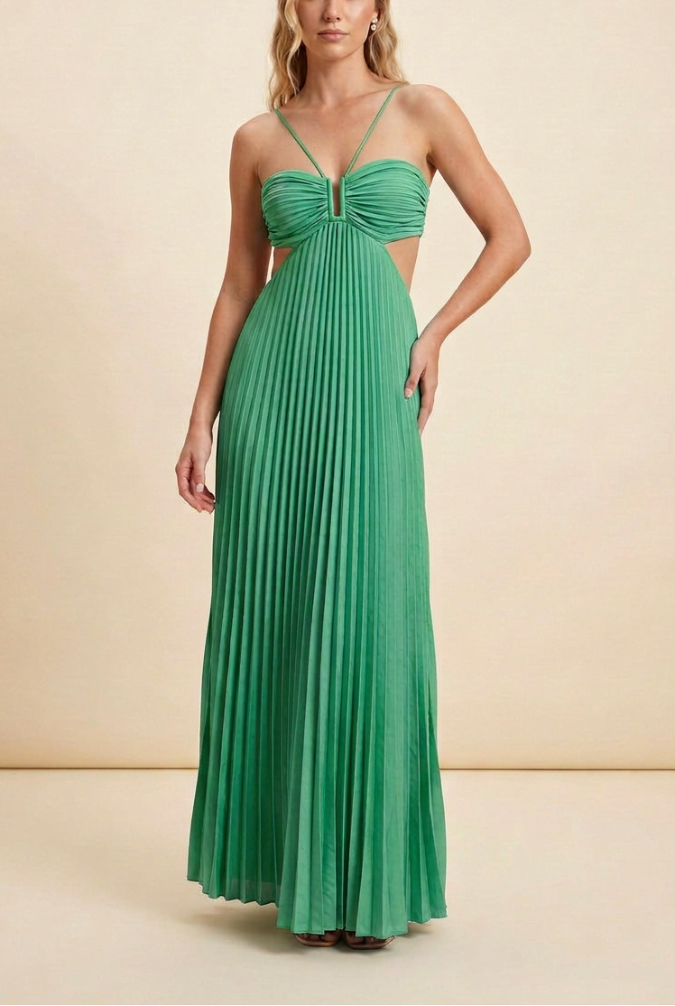Celine | Halter Pleated Cutout Maxi Prom Dress