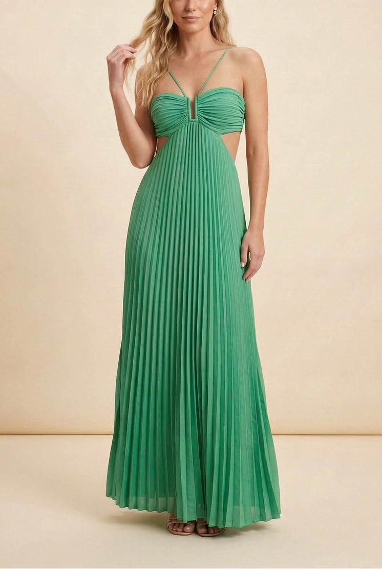 Celine | Halter Pleated Cutout Maxi Prom Dress