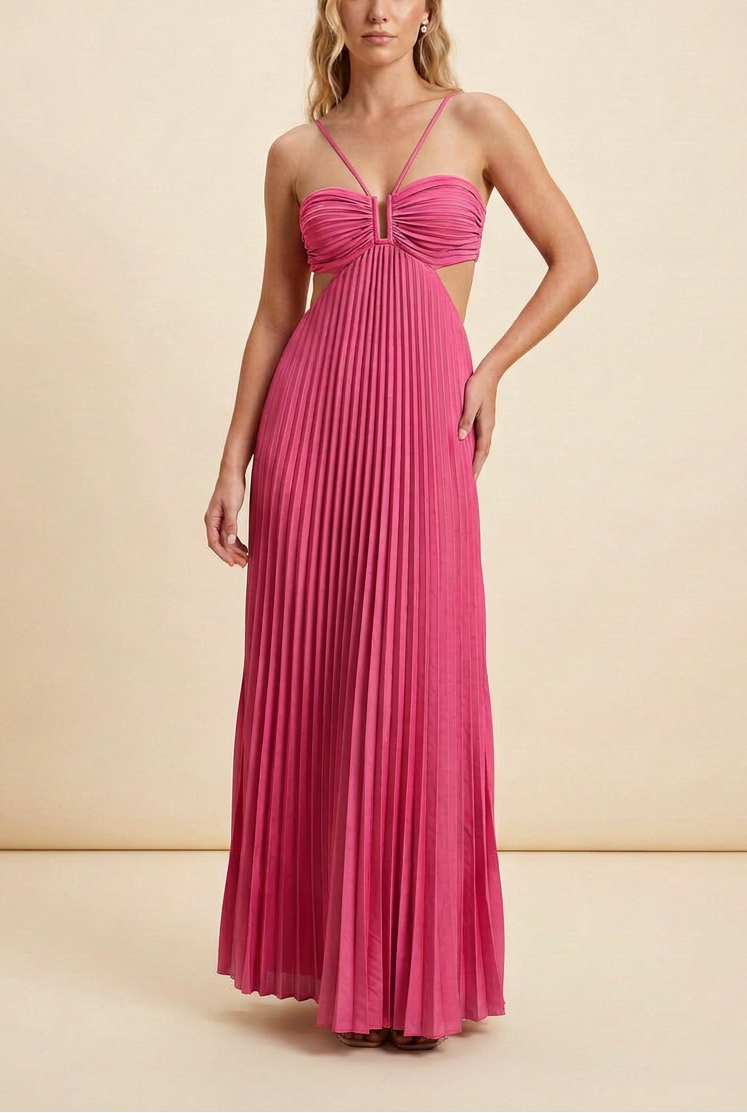 Celine | Halter Pleated Cutout Maxi Prom Dress
