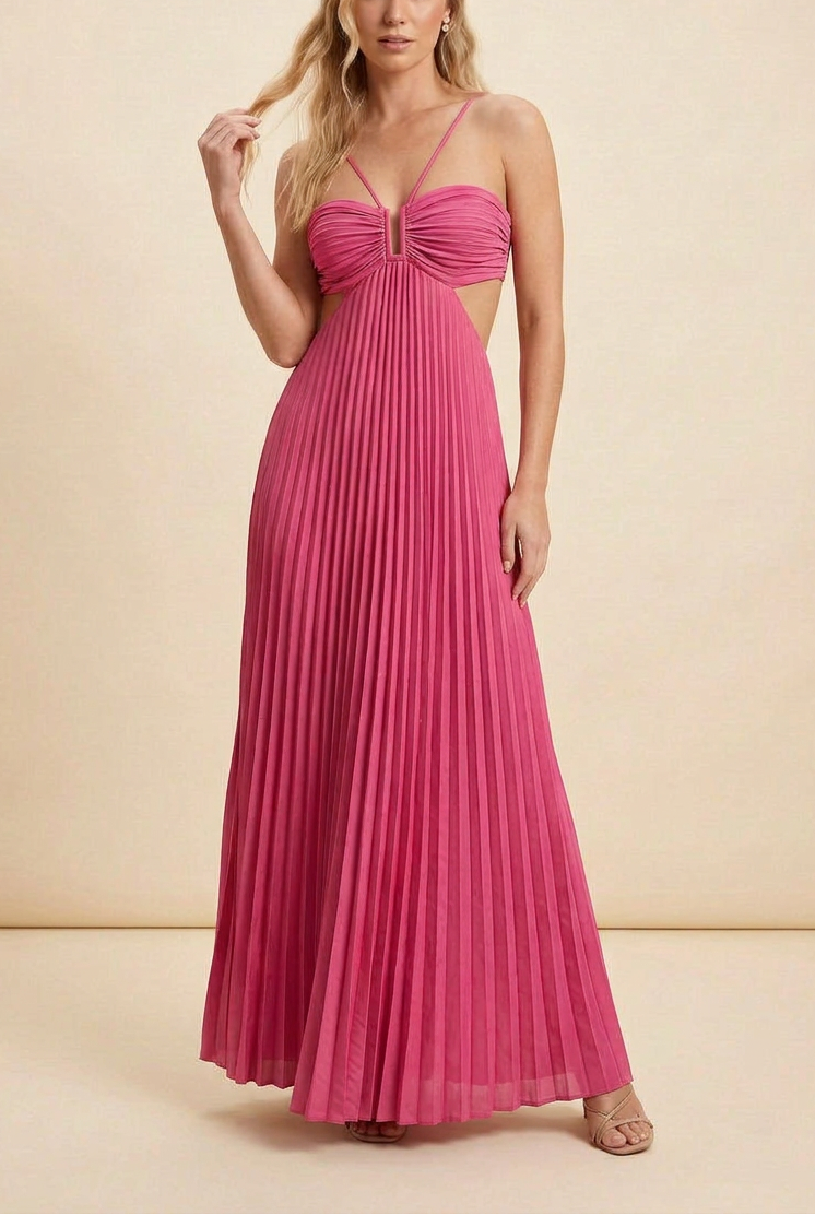 Celine | Halter Pleated Cutout Maxi Prom Dress