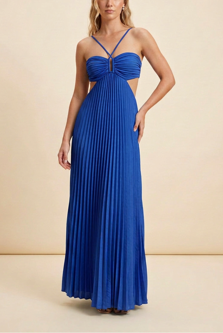 Celine | Halter Pleated Cutout Maxi Prom Dress