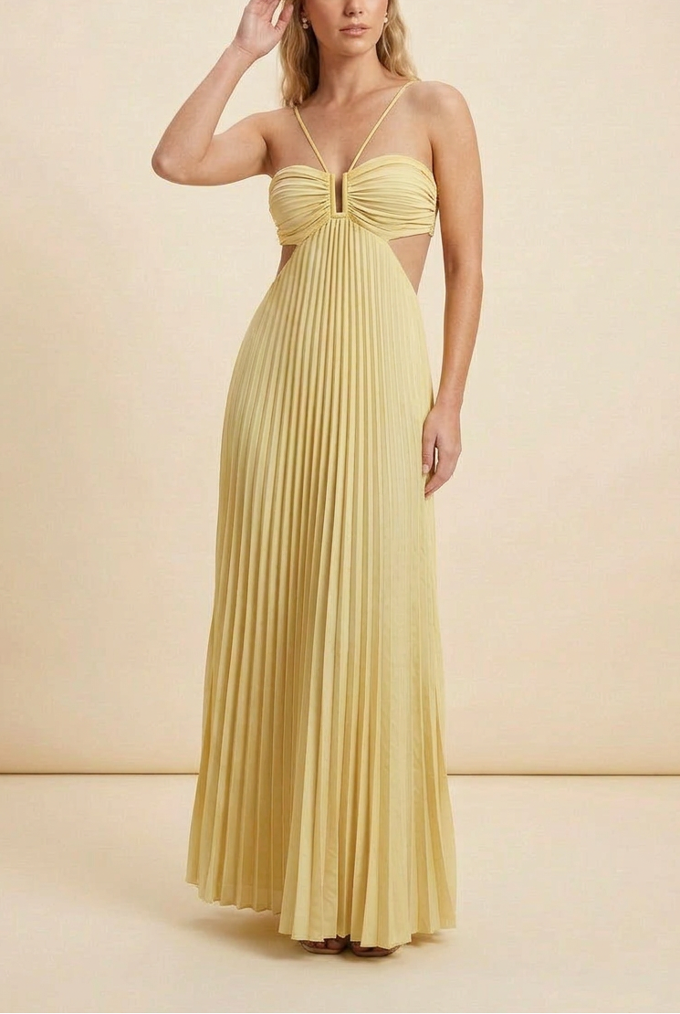 Celine | Halter Pleated Cutout Maxi Prom Dress