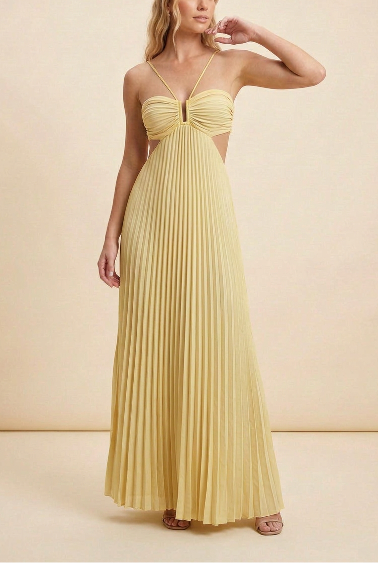 Celine | Halter Pleated Cutout Maxi Prom Dress